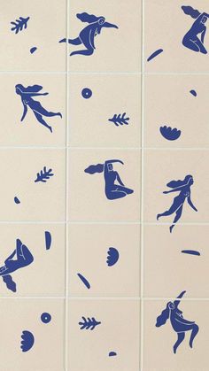 blue and white tiles with images of people in the middle one is throwing something up