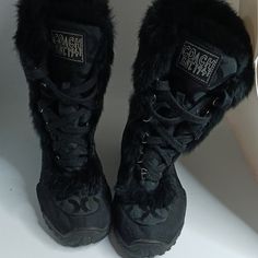 Coach Boots With Fur Coach Leather Lace-up Boots, Coach Lace-up Leather Boots, Designer High-top Winter Boots, Boots With Fur, Coach Boots, Swag Shoes, Fur Boots, Coach Shoes, Lace Up Boots