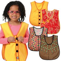 Fabric designs from Latin America, Asia, North America, and Africa enrich these comfortable easy-on, easy-off dressing vests. The set of 4 vests features buttons, zippers, snaps, and hook-and-loop closures to help children develop their fine motor and dressing skills. Machine washable. Girls 16, Dress Up Outfits, Fabric Designs, Dramatic Play, Book Girl, Kids Backpacks, Latin America, Early Learning, Playing Dress Up