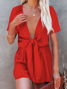 🚚FREE Shipping on orders over $60 ✨ use Code: "Mylook" for Extra Discount at checkout Gender: Women Type: Bottoms Feature: Solid, V-Neck, Tie, Short Sleeve Material: Polyester Style: Casual/Fashion Color: Red, Green, Black, Navy_Blue, Rose_Red Size: S, M, L, XL, 2XL, 3XL Please Note: All Dimensions Are Measured Manually With A Deviation Of 1 To 3cm. Pola Jumpsuit, Black Jumpsuit Outfit, Flowy Romper, Short Sleeve Jumpsuit, Jumpsuit Pattern, Short Sleeve Jumpsuits, Puff Long Sleeves, Short Sleeve Romper, Red Jumpsuit