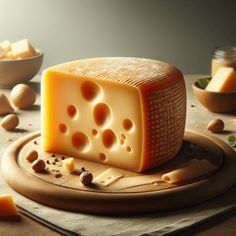 a piece of cheese sitting on top of a wooden cutting board