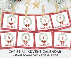 the christmas calendar is hanging on a clothes line with red and green ribbon around it