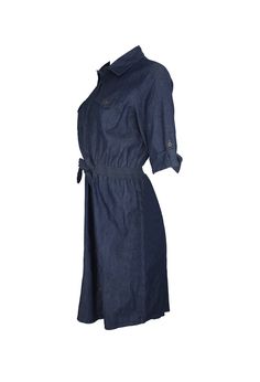 This jean dress is versatile and stylish, with a dark blue color and a midi length cut. The sleeves fall to the elbow, and you can tie the front for a cuter look. The skirt is long and goes to the knee. Styling this piece with a purse or a nice pair of shoes would compliment the dress well. It could be worn for work or even a luncheon. Recycled by Meskita My Closet. Size: M cotton machine wash Chic Belted Knee-length Denim Dress, Chic Knee-length Belted Denim Dress, Belted Knee-length Denim Dress, Knee-length Belted Denim Dress For Work, Knee-length Denim Blue Denim Dress For Fall, Denim Blue Knee-length Dress For Fall, Knee-length Denim Blue Dress For Fall, Denim Blue Workwear Dress For Fall, Denim Blue Dress For Workwear In Fall