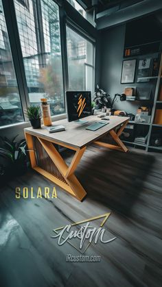 a desk with a laptop on it in front of large windows, and the caption solara custom