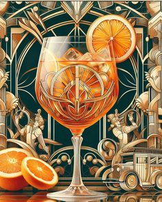 a painting of an orange wine glass with some fruit on the table next to it