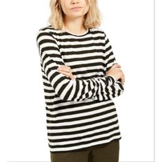 Michael Kors Womens Striped Long Sleeve Jewel Neck T-Shirt Casual Top.. Michael Kors Cotton Crew Neck T-shirt, Michael Kors Cotton Crew Neck Top, Michael Kors Cotton Tops For Spring, Michael Kors Black Crew Neck Top, Metallic Blouses, Blouse Tank Top, Long Sleeve Striped Top, Animal Print Blouse, Jewel Neck