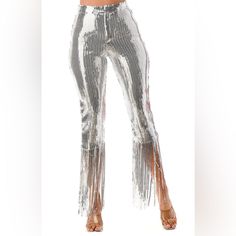 Sequin Fringe Hem Pants Trendy Sequined Party Bottoms, Glamorous High Waist Sequin Bottoms, Glamorous High-waist Sequined Bottoms, Stretch Full Length Club Pants, Stretch Full-length Club Pants, Stretch Full Length Pants For Club, Sequined Club Bottoms For Party Season, Sequin Bottoms For Club And Party Season, Disco Style Bottoms For Summer Clubbing