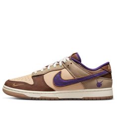 The Nike Dunk Low Premium 'Setsubun' is a stylish sneaker designed for adults. The silhouette features a combination of dark brown, light brown and purple, with the Swooshes, lining, tongue and outer heel embroidered with the word “Devil” in purple for contrast. The semi-transparent outsole features a white midsole with a space art piece from the late Edo period (1840s) by Utagawa Kuniyoshi. This sneaker is perfect for everyday wear, and its unique design will make you stand out from the crowd. The inspiration behind the design comes from the Setsubun festival, making this sneaker a must-have for anyone looking to add a touch of style to their wardrobe. (SNKR/Retro/Skate/Casual) Brown Skate Shoes For Streetwear, Urban Brown Sneakers For Streetwear, Brown Urban Sneakers For Streetwear, Nike Brown Basketball Shoes For Streetwear, Brown High-top Basketball Shoes For Streetwear, Sporty Brown Basketball Shoes For Streetwear, Brown Sporty Basketball Shoes With Gum Sole, Sporty Brown Basketball Shoes With Gum Sole, Nike Urban Brown Sneakers