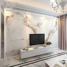 a living room with marble walls and flooring