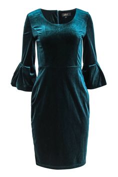 Current Boutique-ABS Collections - Dark Teal Velvet Bell Sleeve Sheath Dress Sz 6 Green Velvet Dress For Fall, Green Velvet Fall Dress, Elegant Velvet Dress For Fall, Elegant Velvet Dress For Holiday Night Out, Elegant Velvet Dress For Date Night In Fall, Fitted Velvet Dress For Date Night Holiday, Elegant Fall Velvet Dress For Date Night, Fitted Velvet Dress For Holiday Date Night, Elegant Winter Velvet Dress