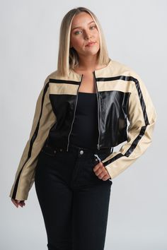 Faux leather moto jacket beige/black – Trendy Jackets | Cute Fashion Blazers at Lush Fashion Lounge Boutique in Oklahoma City Trendy Blazers, Cute Blazers, Jacket Beige, Trendy Jackets, Faux Leather Moto Jacket, Cute Jackets, Block Pattern, Leather Moto, Women's Boutique