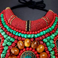 Tibetan Red Yellow Bead Bib Necklace With Brass Medallion, Tibetan Statement Necklace, Ethnic Collar Necklace, Boho Bib Necklace - Etsy Bohemian Turquoise Bib Necklace With Colorful Beads, Red Beaded Bohemian Bib Necklaces, Handmade Artisan Bib Necklaces, Bohemian Red Bib Necklace With Round Beads, Red Bohemian Bib Necklace For Festivals, Artisan Beaded Necklaces With Boho Collar For Festivals, Handmade Red Bohemian Beaded Necklace, Bohemian Bib Necklace With Colorful Beads, Handmade Beaded Necklaces For Festivals