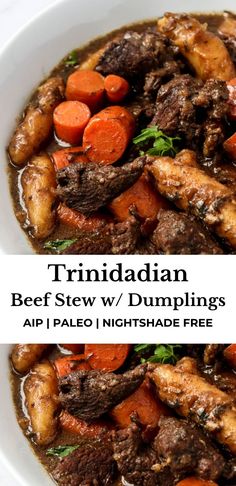 a white bowl filled with beef stew and carrots next to the words trindian beef stew / dumplings