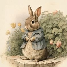 a painting of a rabbit sitting on top of a stone wall next to flowers and plants