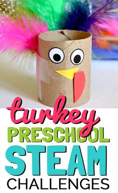 a paper roll turkey with the words turkey preschool steam challenges on it and an image of a