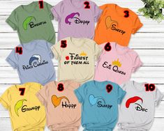 Themed Multicolor Tops With Letter Print, Themed Short Sleeve Tops With Funny Print, Multicolor Themed Tops With Letter Print, Fun Tops With Funny Print For Disney Fan Events, 7 Dwarfs Shirts, Office Halloween Costumes, Office Halloween, Group Party, 7 Dwarfs