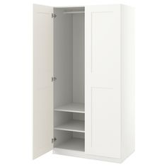 an open white cabinet with shelves and cupboards on both sides, isolated against a white background