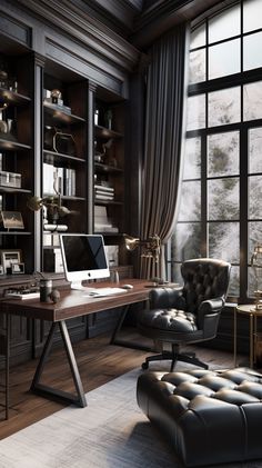 an office with a desk, chair and bookcase in front of a large window