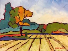 an oil painting of a farm field with trees