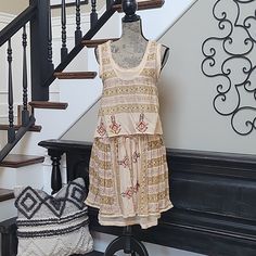 Free People New Romantics Voodoo Mama Dress X Small Fully Lined Drawstring Waist Embroidered Throughout So Very Pretty Casual Embroidered Mini Dress, Embroidered Sleeveless Flowy Dresses, Flowy Embroidered Sleeveless Dress, Embroidered Flowy Sleeveless Dresses, Flowy Sleeveless Embroidered Dress, Casual Embroidered Knee-length Mini Dress, Casual Sleeveless Dress With Floral Embroidery, Beige Bohemian Mini Dress With Floral Embroidery, Casual Sleeveless Embroidered Dress For Vacation