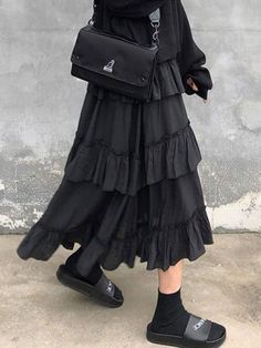 Style: Casual, Street Color: Black/White Fabric Content: Polyester Blend Fit Type: Slim fit Length: Midi Skirt Design: Elasticated High Rise Waistline, Frill Trim Ruffle Long Skirt, Gothic Skirt, Asymmetrical Midi Skirt, Anime Outfit, Ruffle Maxi Skirt, Tiered Midi Skirt, Skirt Y2k, Crop Top Dress, Dress Cake