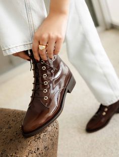 Discover our Bobbies women's Flat lace-up ankle Boots for the fall-winter season. Fall for the Doria model in Ganache colour Ankle Lace Up Boots, Fall Sneakers, 2024 Wishlist, Wedge Loafers, Platform Clogs, Ankle Boots Flat, Boot Pumps, Clean Shoes, Boots Knee