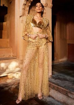 Prevasu-Gold Embellished Pant And Jacket Set-INDIASPOPUP.COM Three Piece Dress, Indian Wedding Dress Traditional, Gold Bralette, Net Jacket, Pant Top, Sheer Jacket, Set Saree, Saree Gown, Bridal Elegance