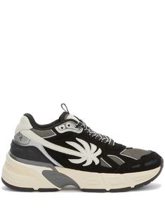 black/white leather/suede mesh panels panelled design pull-tab at the tongue front lace-up fastening palm tree motif round toe chunky rubber sole Palm Angels Shoes, Sneakers Noir, Gucci Eyewear, Heron Preston, Engraved Logo, Urban Chic, Palm Angels, The Palm, Dolce & Gabbana