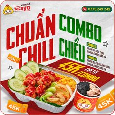 an advertisement for a mexican food restaurant called chuan combo chilli with cucumbers and rice