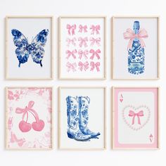 four framed pictures with pink and blue designs on them