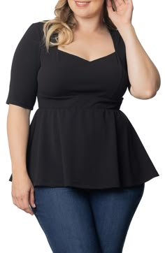 This versatile top is framed by elbow-length sleeves and features a flouncy peplum that moves when you walk. 27 1/2" (size 1X) Sweetheart neck Elbow-length sleeves 95% polyester, 5% spandex Machine wash, dry flat Made in the USA of imported fabric Peplum Top For Jeans, Plus Size Rectangle Body Shape Outfits, Peplum Top Outfits Dressy, Clothes For Pear Shaped Women, Small Chest Outfits, Plus Size Going Out Outfits Night, Big Belly Outfits Plus Size, Top For Plus Size Women, Natural Wardrobe