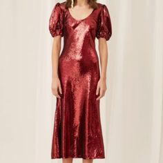 Spend Your Next Big Night In This Keepsake Dress, A Party-Ready Style With Shimmery Sequins And Rich Color. A Scoop Neckline Adds Subtle Allure To This Silhouette. Fabric: Heavyweight, Non-Stretch Sequined Mesh Scoop Neck And Puff Sleeves With Elastic Cuffs Midi Length Hidden Zip At Back Shell: 100% Polyester Lining: 97% Polyester/3% Elastane Dry Clean Imported, China Glamorous Festive Cocktail Midi Dress, Glamorous Fitted Christmas Evening Dress, Festive Glamorous Cocktail Midi Dress, Festive Midi Length Evening Dress For Party, Fitted Midi Dress For Festive Evening Occasions, Glamorous Short Sleeve Holiday Dresses, Festive Midi Length Party Evening Dress, Elegant Midi-length Christmas Evening Dresses, Chic Festive Midi Dress For Parties