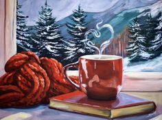 a painting of a cup of coffee next to a book on a window sill