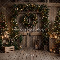 an image of christmas decorations in front of a fireplace with candles and wreaths on it