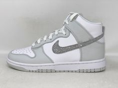 Nike Dunk High 'Silver Glitter Swoosh' White Sneakers, Size 7.5 BNIB FJ4578-100 Brand new in box. Box lid is missing. Shoes are unworn, pristine condition. Size 7.5 If you need item sooner ask about expedited shipping Glitter Nike Shoes, Glitter Nikes, Nike Fashion Shoes, Cinderella Disney, Glitter Sneakers, Nike Dunk High, Dunk High, Nike Fashion, Nike Dunk