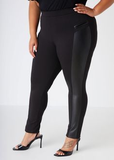 These sleek leggings feature a body-hugging ponte fabric that sculpts your curves and offers a flawless fit. The added faux leather panels elevate the look while the two welt pockets at the sides provide both style and functionality. High Waist Pants Plus Size, Leather Leggings Plus Size, Pants For Work, Leggings Plus Size, Vegan Leather Leggings, Ponte Leggings, Panel Leggings, Pants Plus Size, Ponte Fabric