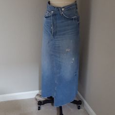 Xs Approx Measurements: 13" Waist 17" Hip 34" Length No Stretch. Box#24 Blue Recycled Denim Skirt For Spring, Spring Blue Recycled Denim Skirt, Casual Blue Reworked Denim Skirt, Casual Reworked Blue Denim Skirt, Blue Washed Straight Leg Denim Skirt, Reworked Denim Skirt For Summer, Fitted Full-length Denim Skirt With Frayed Hem, Blue Washed Denim Straight Skirt, Blue Washed Straight-leg Denim Skirt