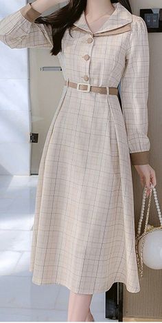 Elegant Full Length Spring Plaid Long Sleeve Midi Dress. Vintage maid summer style. BUT IT ONLINE. Spring Plaid Midi Dress Knee-length, Fall A-line Midi Dress For Office, Modest Beige Long Sleeve Dress, Plaid Midi Length Dress For Work, Workwear Midi Length Plaid Dress, Beige Midi Length Office Lady Dress, Office Lady Beige Midi Dress, Trendy Beige Dress For Fall, Trendy Beige Fall Dress