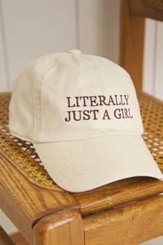 The &quot;Literally Just a Girl&quot; Baseball Cap adds a playful touch with its humorous embroidered phrase, complete with an adjustable back strap for a comfortable. Womens Baseball Hats, Trendy Hats For Women, White Dress Skirt, Trendy Hats, Usa Cap, Trendy Caps, Girl Baseball Cap, Cute Caps, Best Caps