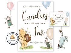 two cards with winnie the pooh and friends on them, one is holding a balloon