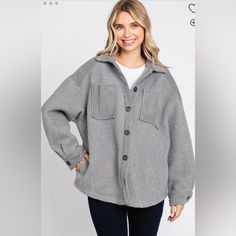 Size Xs Grey Sherpa Shacket Oversized So You Can Size Down Cozy Everyday Shacket For Fall, Cozy Everyday Fall Shacket, Oversized Outerwear With Buttons For Cold Weather, Cozy Gray Long Sleeve Outerwear, Cozy Relaxed Fit Shacket For Fall, Winter Outerwear With Buttons And Relaxed Fit, Cozy Relaxed Fit Fall Shacket, Cozy Fall Shacket With Relaxed Fit, Relaxed Fit Shacket With Buttons For Winter