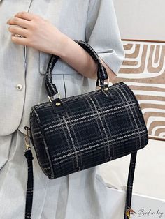 BirdinBag - Chic Geometric Quilted Boston Handbag Trendy Rectangular Fall Bags, Black Baguette Bag For Travel In Fall, Casual Square Satchel For Fall, Trendy Black Rectangular Baguette Bag, Fall Rectangular Shoulder Bag, Trendy Square Fall Bags, Rectangular Black Shoulder Bag For Fall, Black Rectangular Shoulder Bag For Fall, Trendy Black Rectangular Hobo Bag