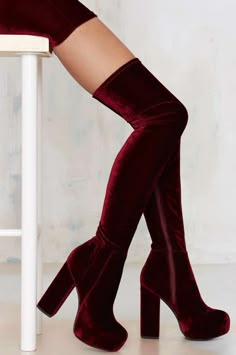 pιnтereѕт: @morghallx ❁ Velvet Thigh High Boots, Pretty Shoes, Heel Boots, Thigh High Boots, Jeffrey Campbell