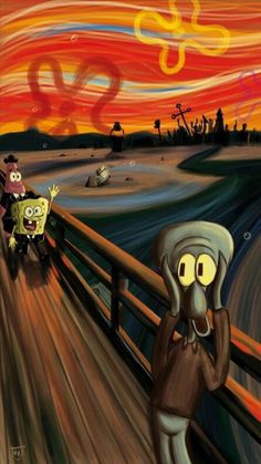 an image of the scream painting with spongebob and squidy on it's face