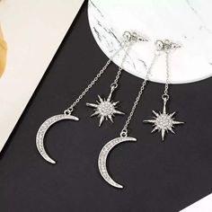 available in silver and gold total length: 3.54 inches (9 cm) * free of lead, nickel, and cadmium Sun And Moon Earrings, Earrings Tassel, Dangle Earrings Boho, Moon And Star Earrings, Long Dangle Earrings, Moon And Star, Star Moon, Silver Moon, Moon Star