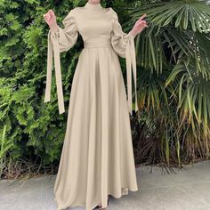 Modest Ramadan Eid Maxi Dress Beige Satin Dress Hijab, Turkish Dress, Solid Maxi Dress, Stile Hijab, Mode Abaya, Muslim Dress, Abaya Dress, Langer Rock, Satin Maxi Dress