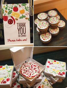 there are many small pizzas in boxes on the table with thank you note cards