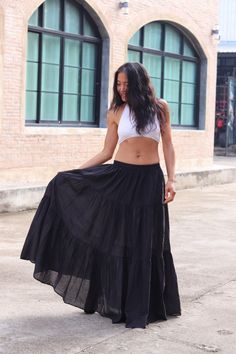 All items are shipped by Thailand Post. Please leave a phone number with orders . US sizing fits XS - XL please check the sizes in inches in the description. This lovely Boho long skirt is made from 100% cotton soft and very comfortable.The skirt is double fabric on the first tier , constructed in three tiers and full elastic waistband A great piece to wear with a tight or cropped top . Its is very comfy to wear and easy to care for just wash cold cycle hang to dry or tumble dry low . Waist 24'' Black Non-stretch Maxi Skirt, Black Non-stretch Maxi Skirt For Summer, Black Non-stretch Full Maxi Skirt, Non-stretch Black Ruffled Skirt, Black Non-stretch Ruffled Skirt, Black Bohemian Long Skirt, Bohemian Style Skirted Bottoms, Bohemian Skirted Bottoms, Bohemian Solid Color Skirted Bottoms