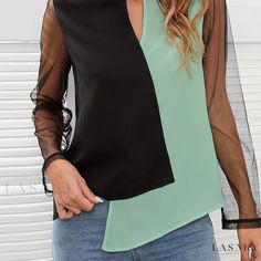 Lasaky - Elegant Womens Contrast Mesh Color Block Blouse with Asymmetrical Hem and Long Sleeves Mode Batik, Color Block Blouse, Batik Fashion, Asymmetrical Blouse, Hem Blouse, Color Block Top, Asymmetrical Tops, Asymmetrical Hem, Casual Blouse