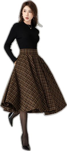 Brown Asymmetrical Skirt For Fall, Brown Full Skirt For Winter, Retro Winter Skirt, Winter Full Mini Skirt With Lining, Elegant Plaid Knee-length Skirt, Brown Asymmetrical Mini Skirt For Fall, Brown Full Skirt Bottoms For Winter, Elegant Knee-length Plaid Skirt, Flowy Knee-length Winter Skirt